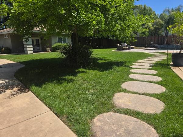 Lush green lawn with stepping stones maintained by professional sprinkler irrigation in Sacramento CA